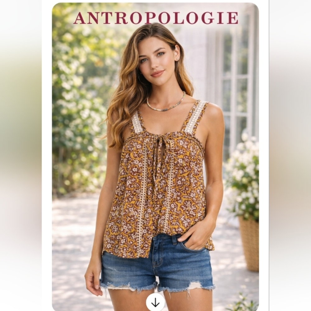Anthropologie Boho Tie Front Tank Top Size 6 Mustard Gold Brown Crochet Trim